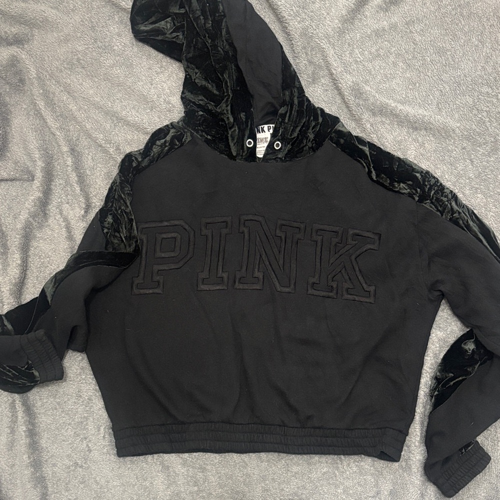 Victoria's Secret PINK Black  and green velvet Sweatshirt hoodie size medium